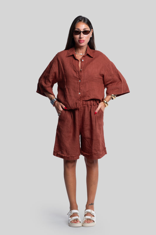 Coordinato 100% lino max bermuda ruggine