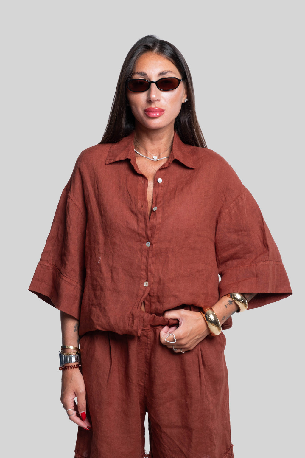 Coordinato 100% lino max bermuda ruggine