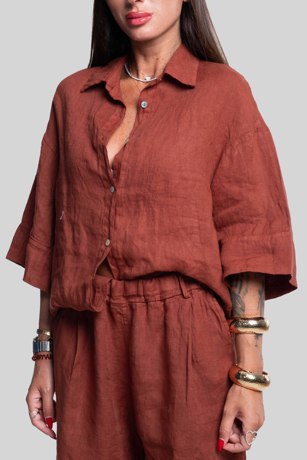 Coordinato 100% lino max bermuda ruggine