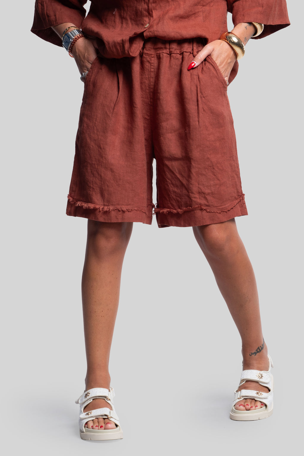 Coordinato 100% lino max bermuda ruggine