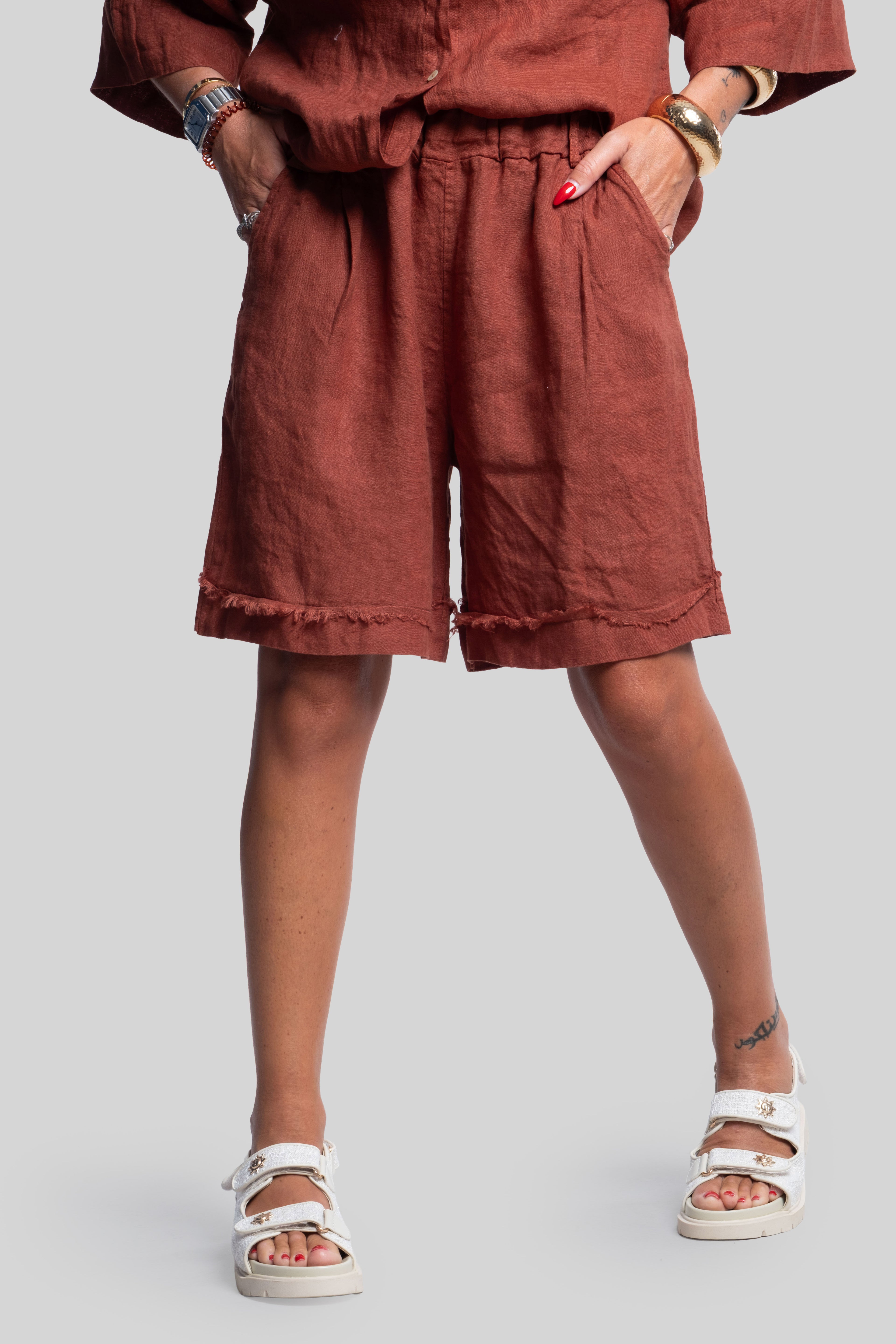 Coordinato 100% lino max bermuda ruggine
