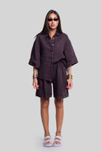 Coordinato 100% lino max bermuda prugna
