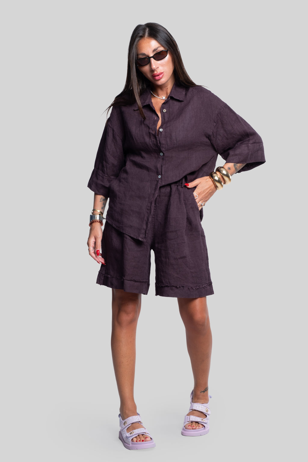 Coordinato 100% lino max bermuda prugna