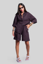 Coordinato 100% lino max bermuda prugna