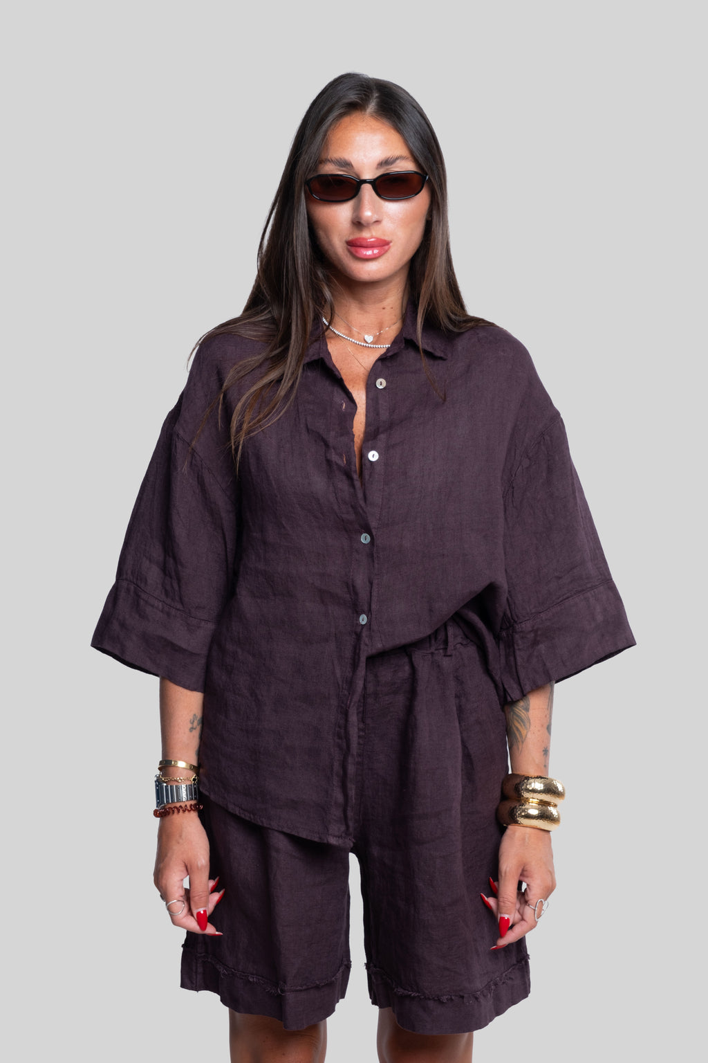 Coordinato 100% lino max bermuda prugna