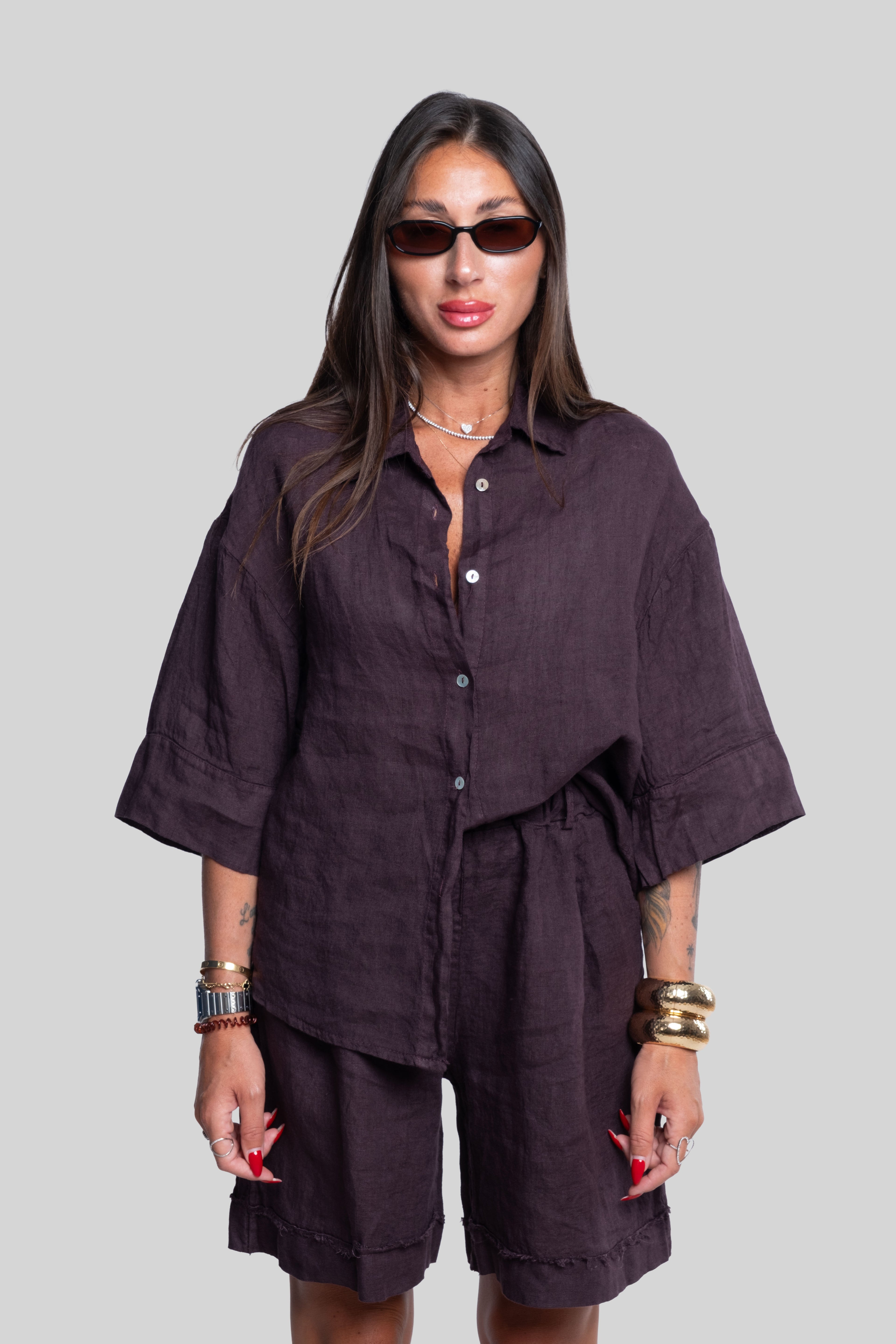 Coordinato 100% lino max bermuda prugna