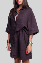 Coordinato 100% lino max bermuda prugna