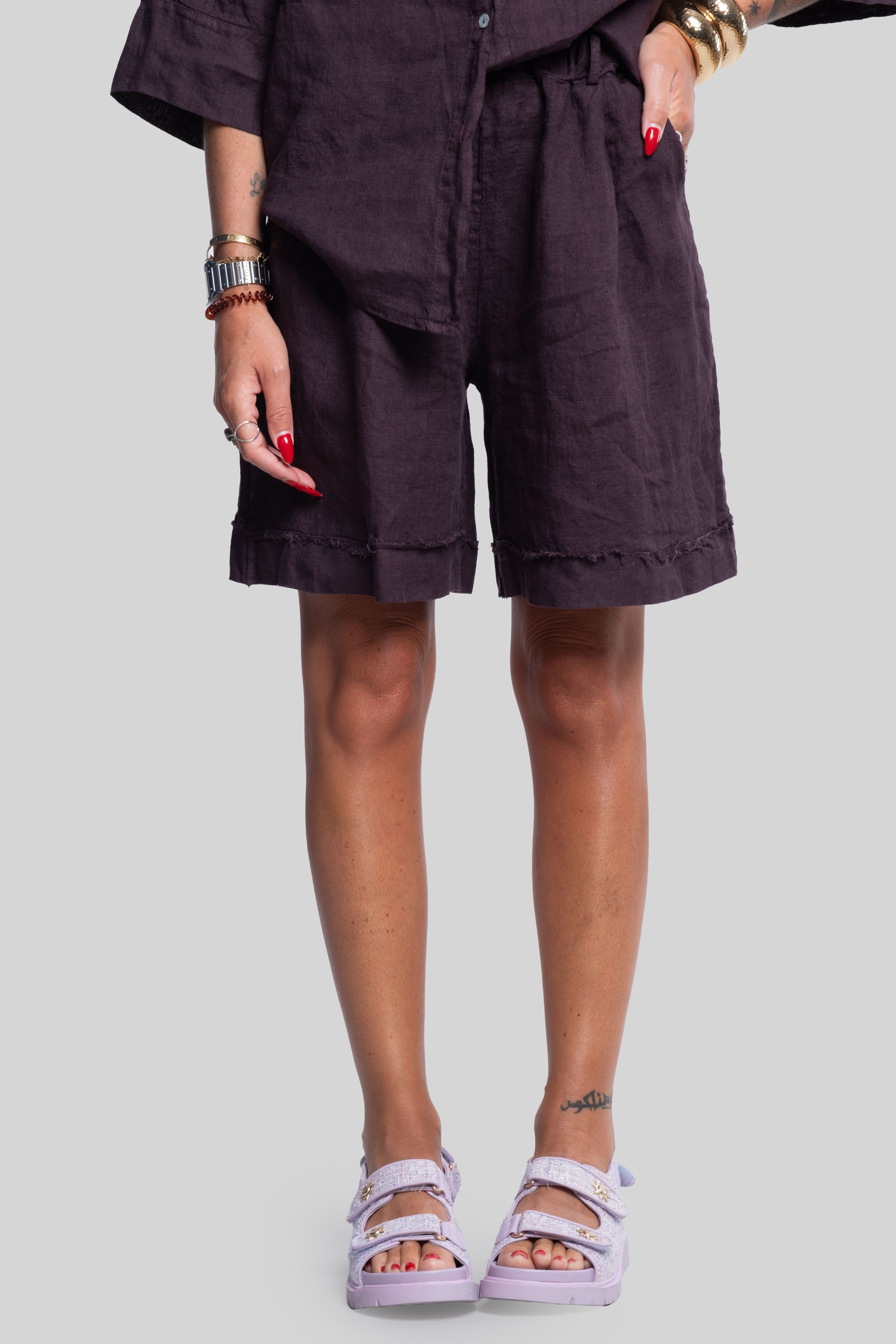 Coordinato 100% lino max bermuda prugna