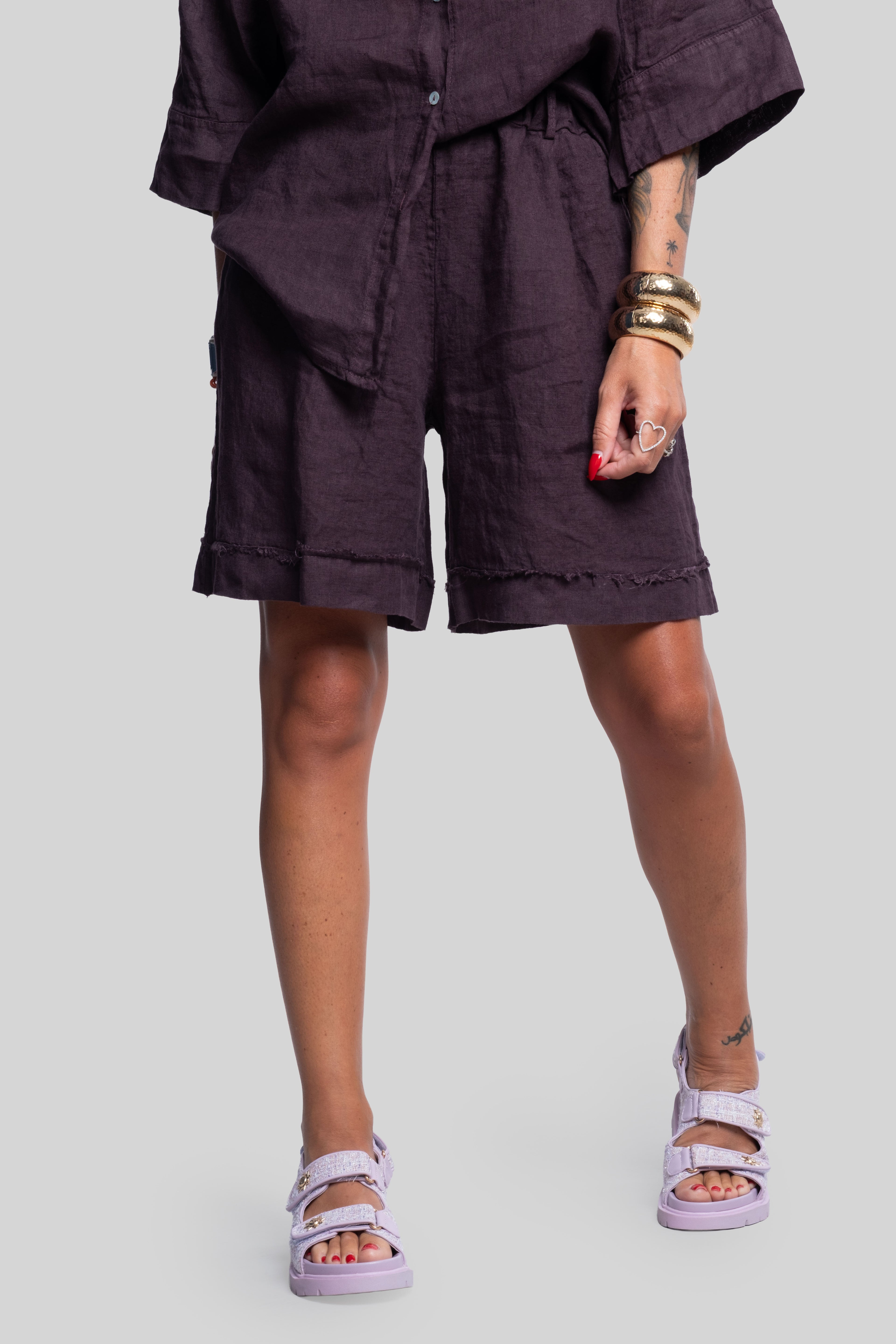 Coordinato 100% lino max bermuda prugna