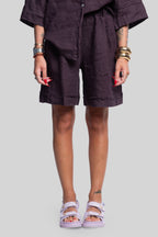 Coordinato 100% lino max bermuda prugna