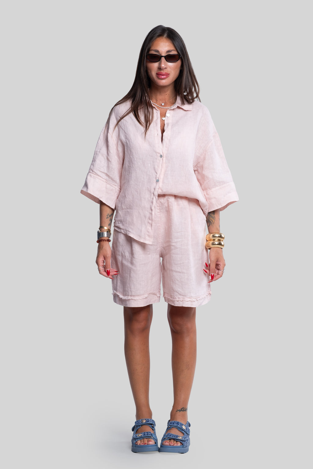 Coordinato 100% lino max bermuda rosa