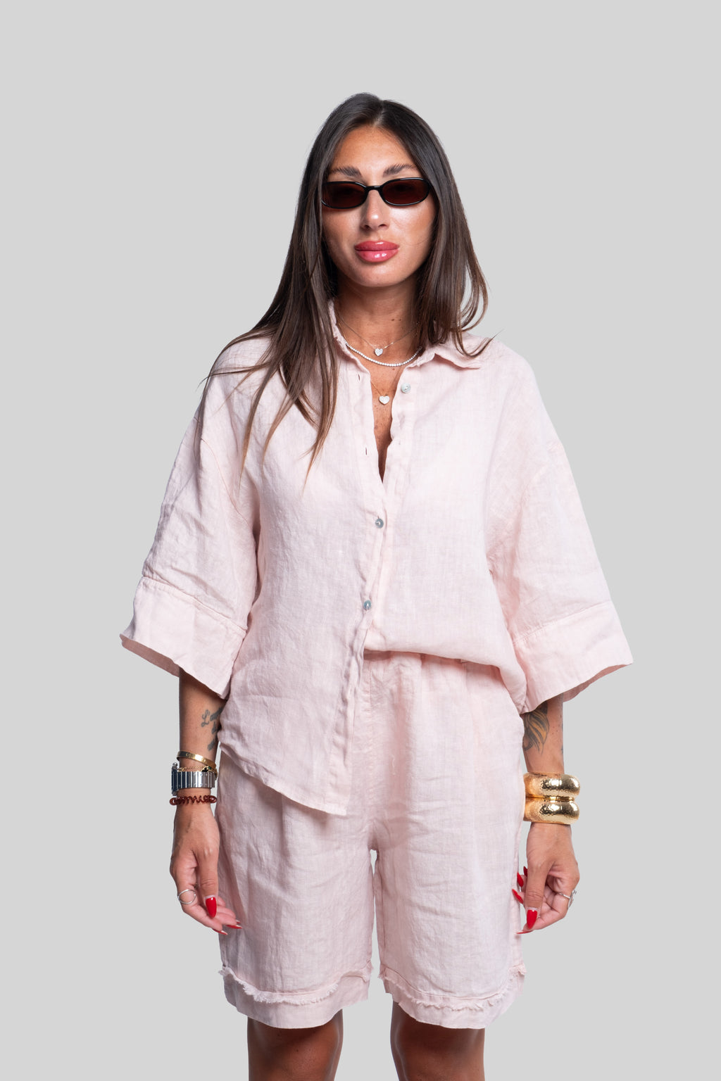 Coordinato 100% lino max bermuda rosa