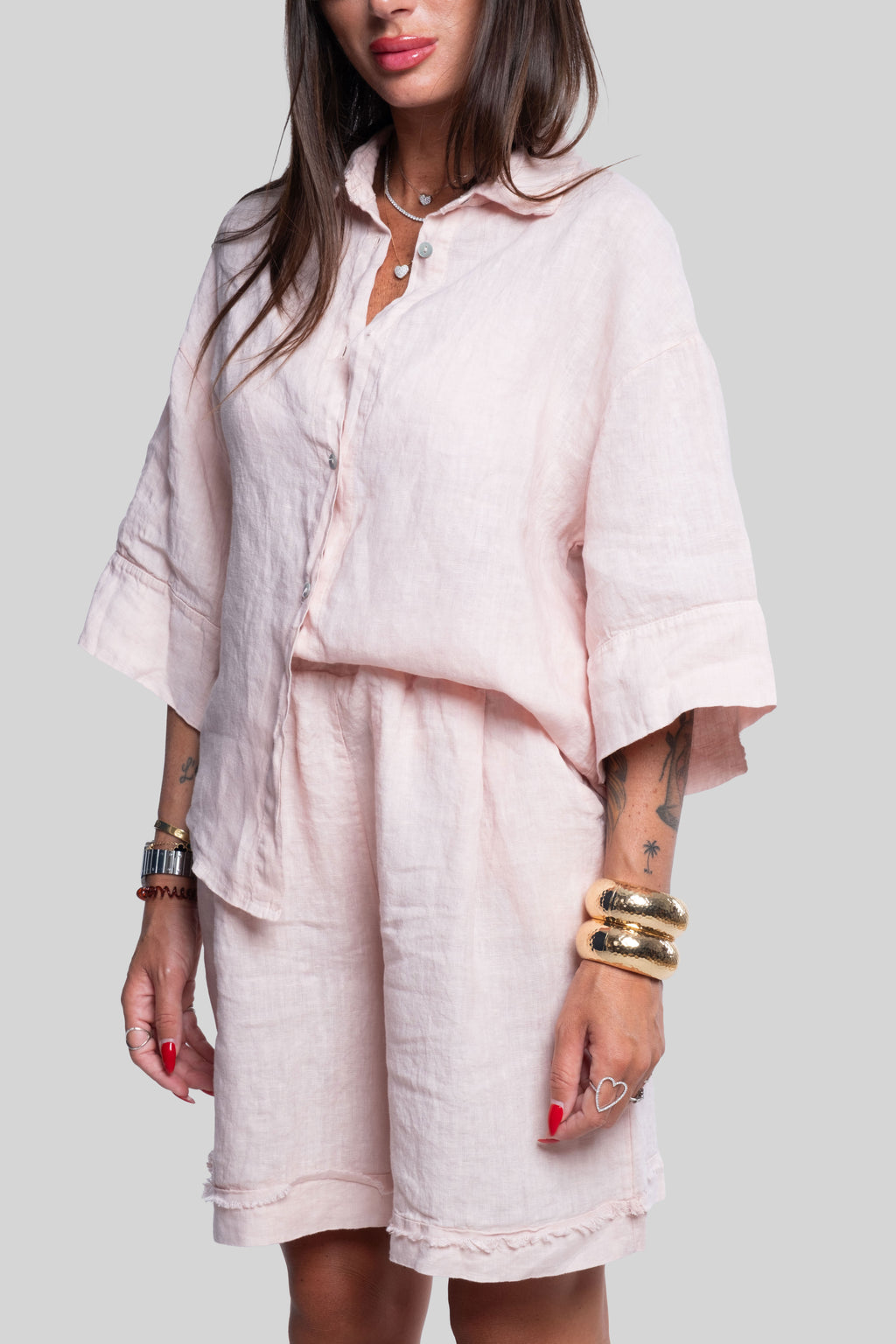 Coordinato 100% lino max bermuda rosa
