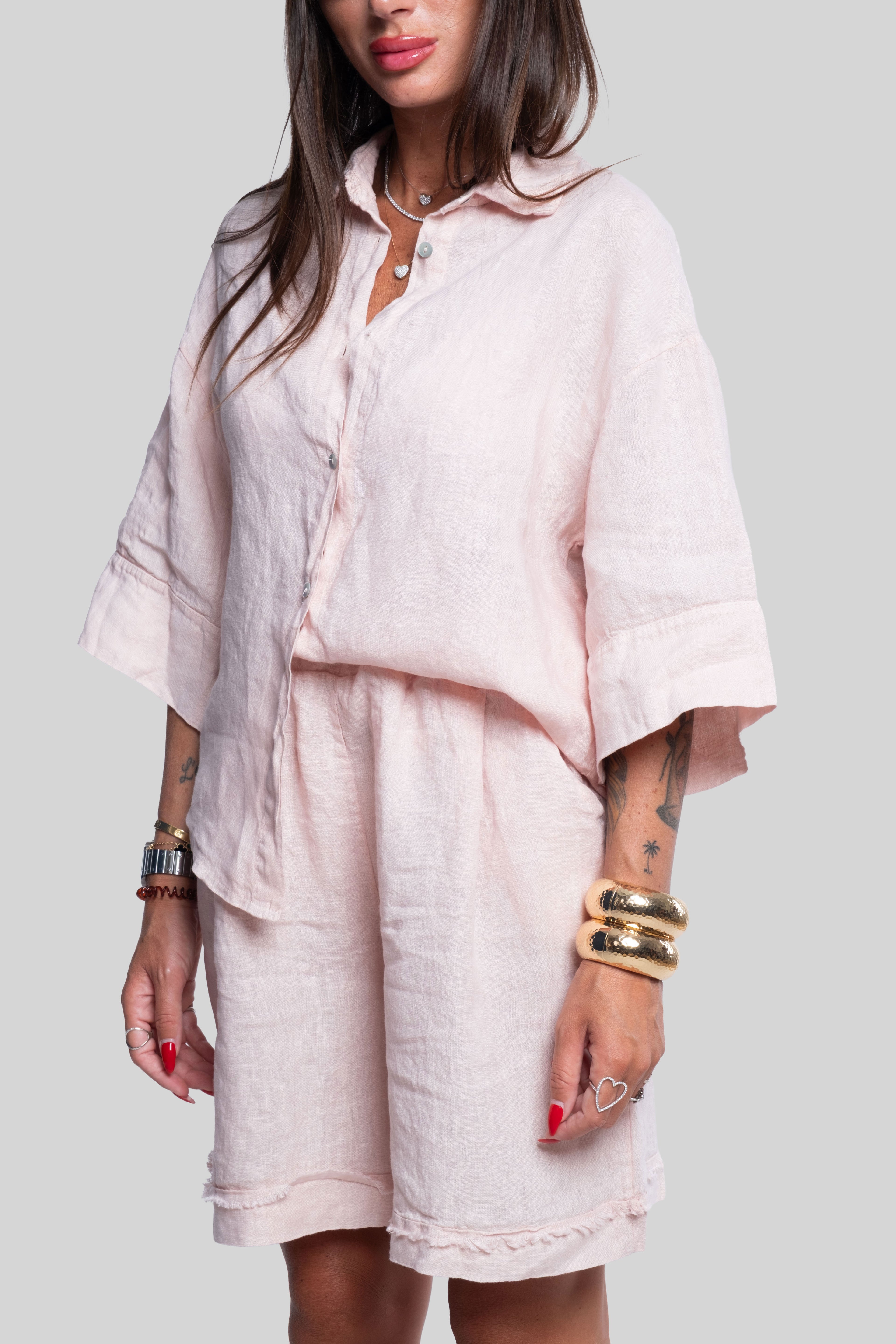 Coordinato 100% lino max bermuda rosa