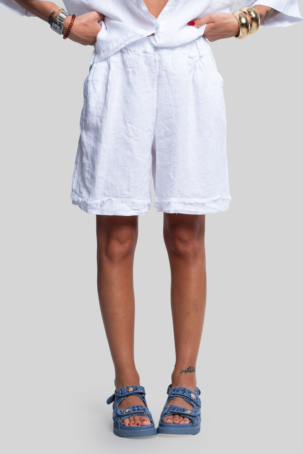 Coordinato 100% lino max bermuda bianco