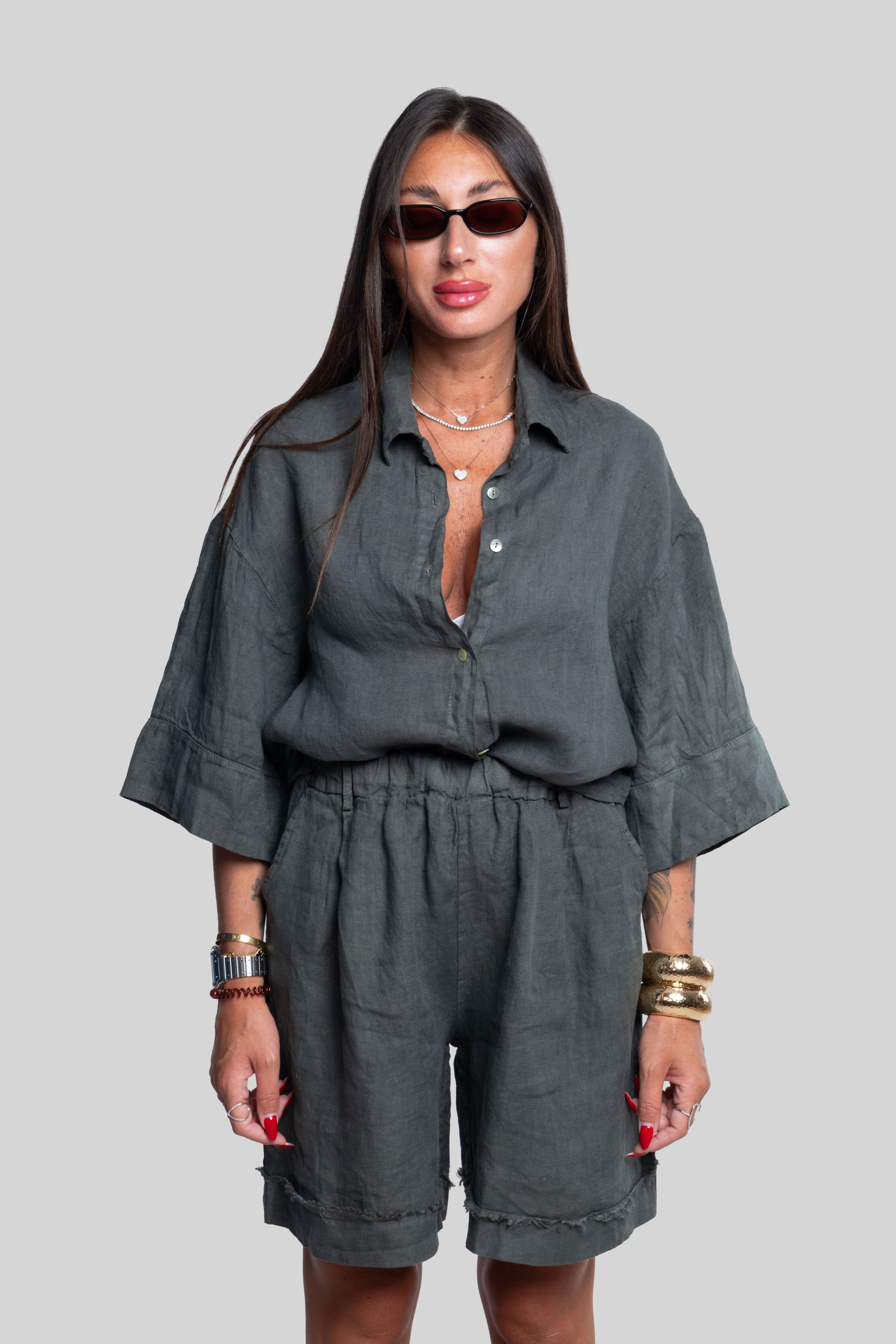 Coordinato 100% lino max bermuda verde
