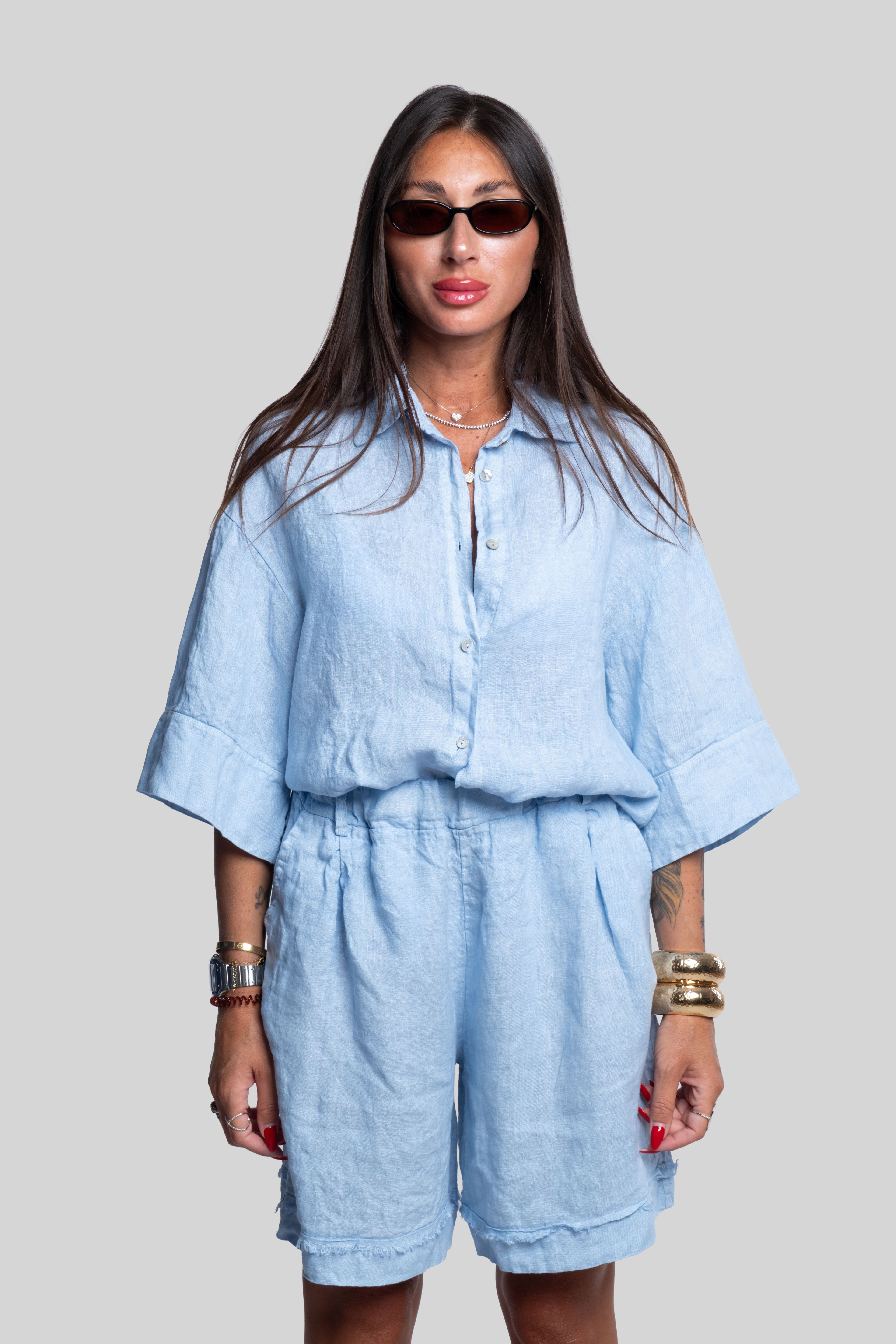 Coordinato 100% lino max bermuda celeste
