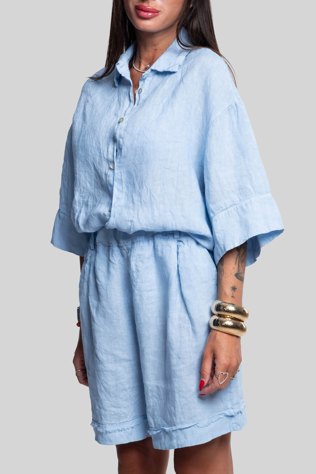 Coordinato 100% lino max bermuda celeste