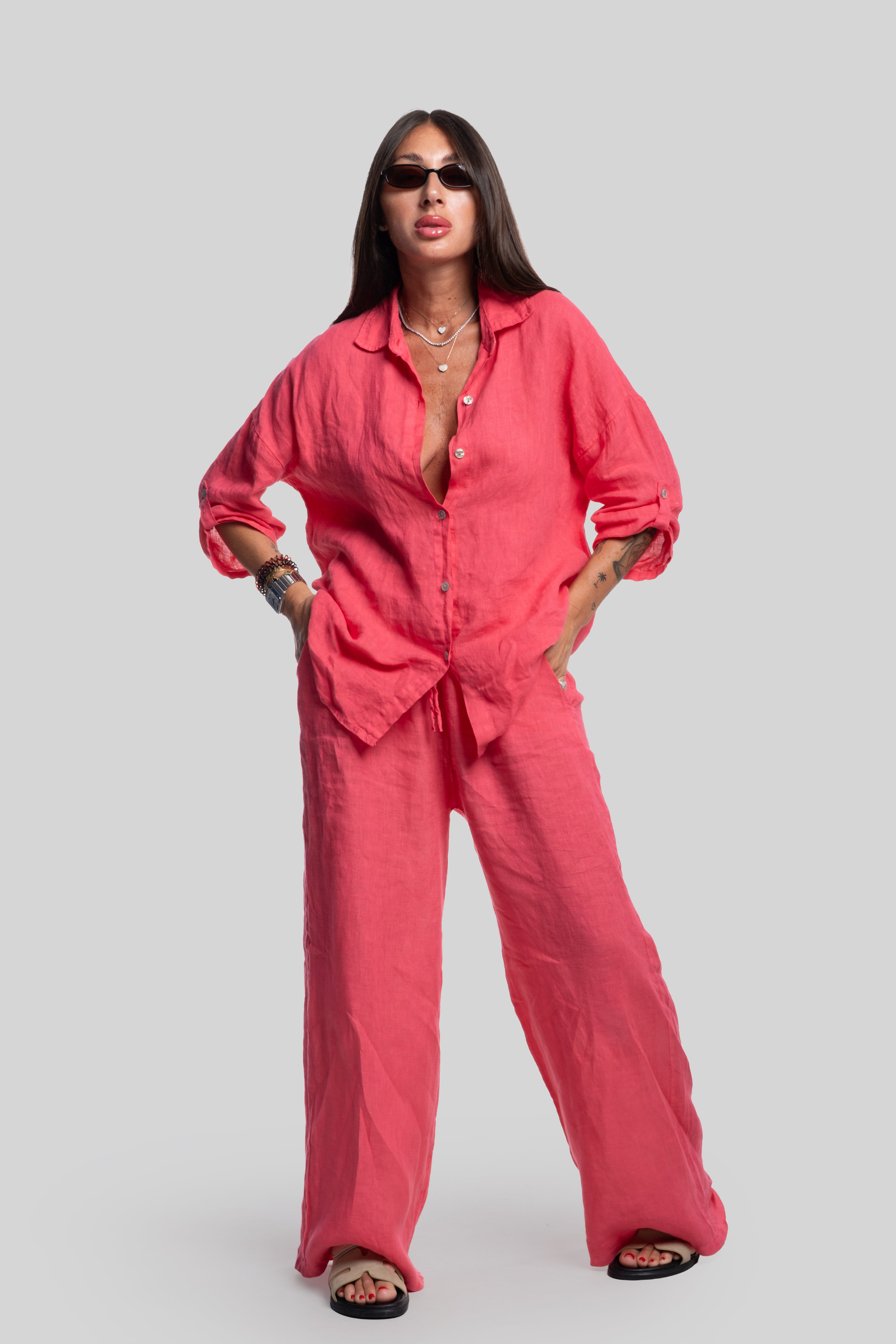 Coordinato 100% lino fragola