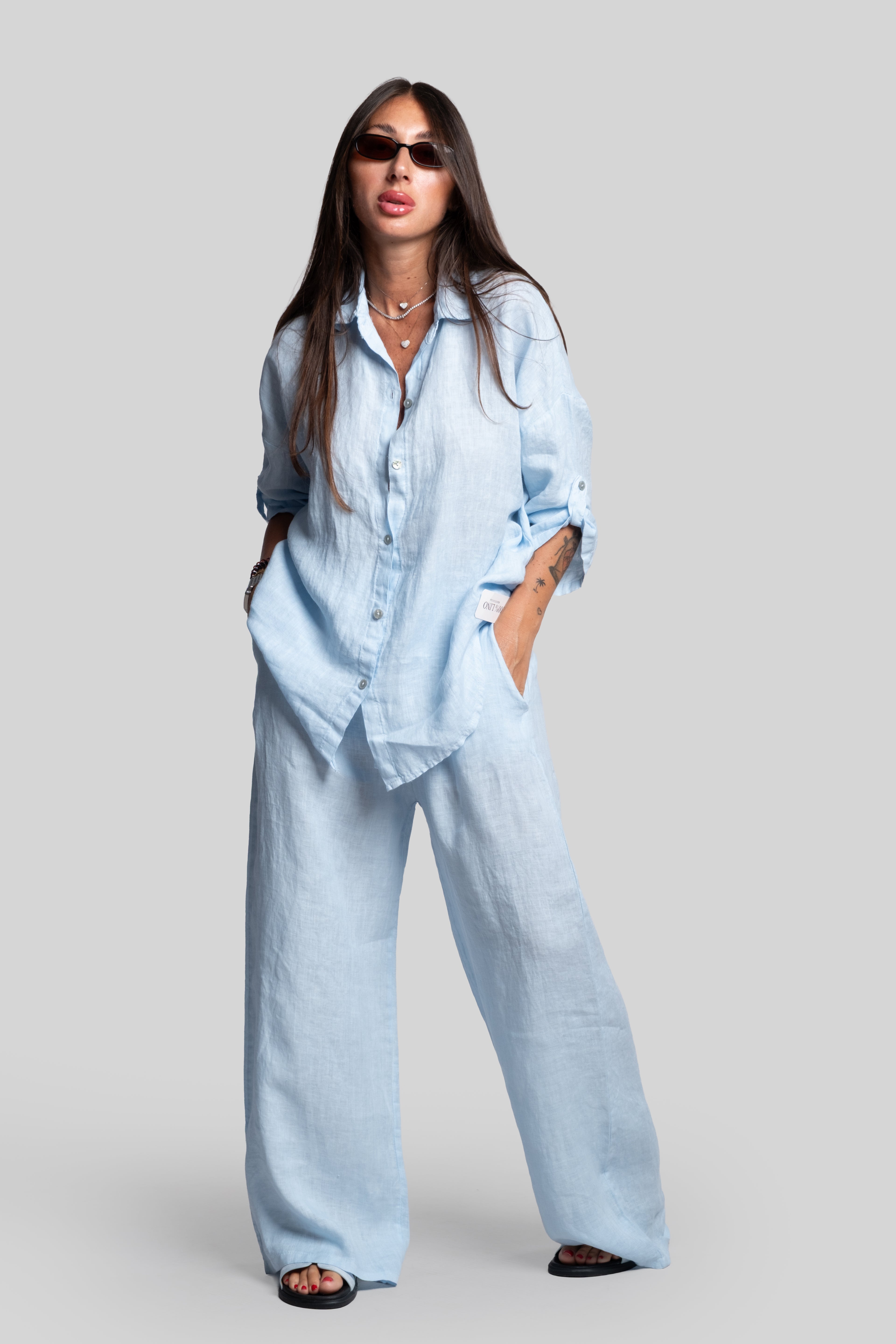 Coordinato 100% lino celeste